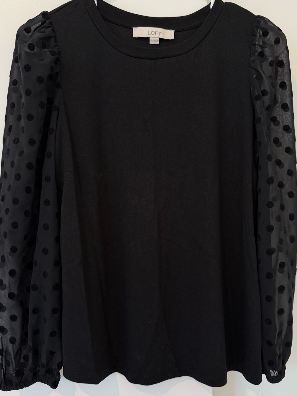 Loft Black Top w/ Sheer Polka Dot Sleeves